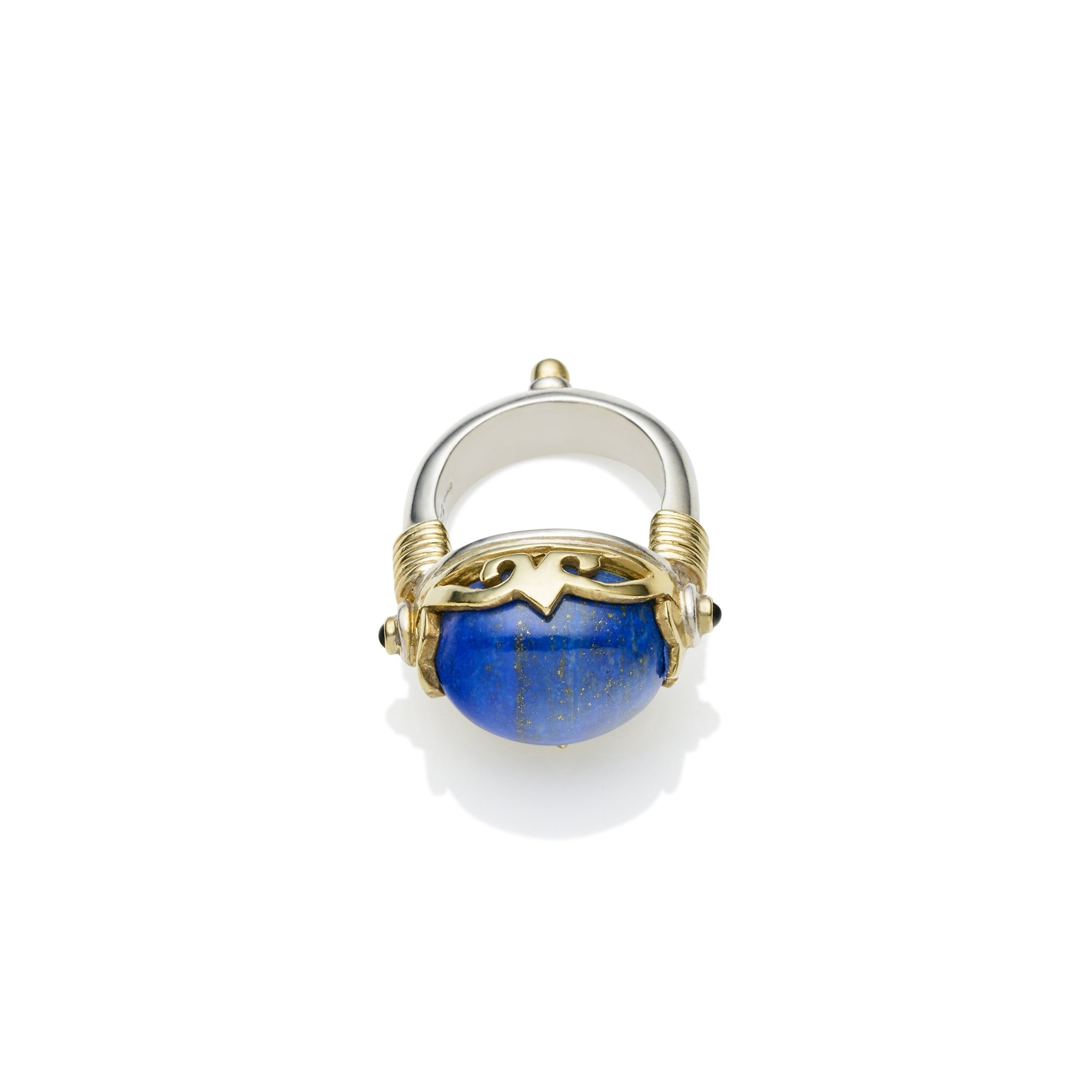 silver band with gold plated crown, lapis lazuli, black onyx ring, handmade designer jewellery