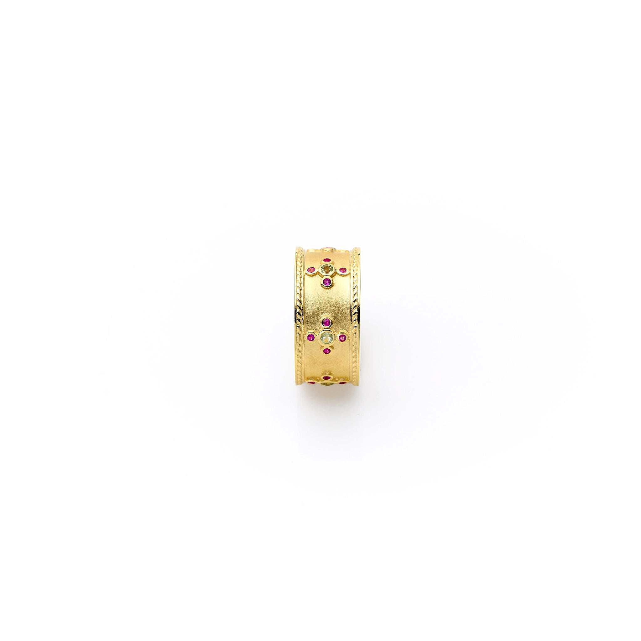 Gold ring, ruby, peridot, designer jewellery