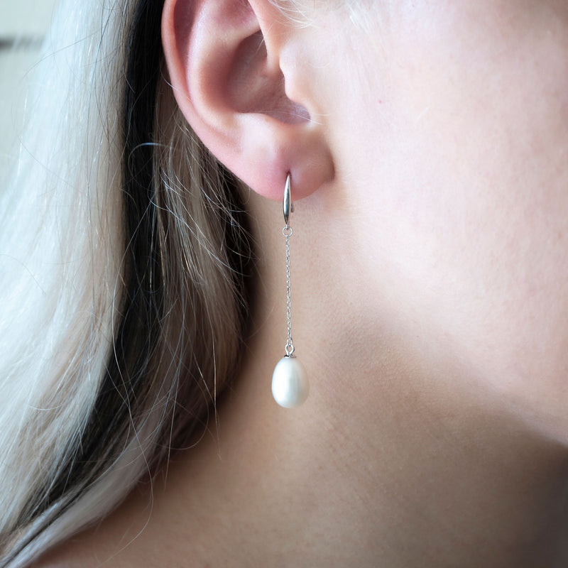 Smooth Drop Earrings | White Pearl and Sterling Silver