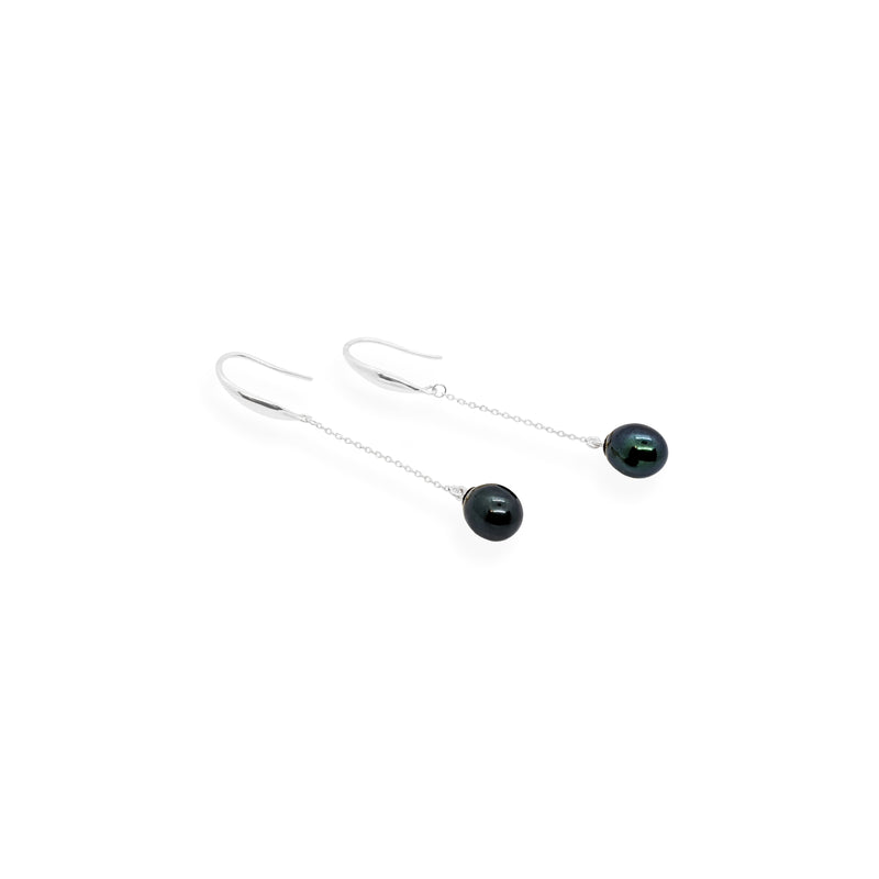 Smooth Drop Earrings | Black Pearl and Sterling Silver