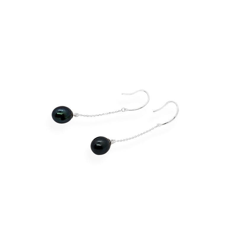 Smooth Drop Earrings | Black Pearl and Sterling Silver